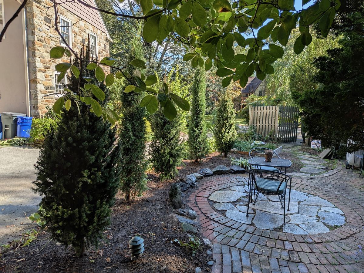 Brick patio with container plantings